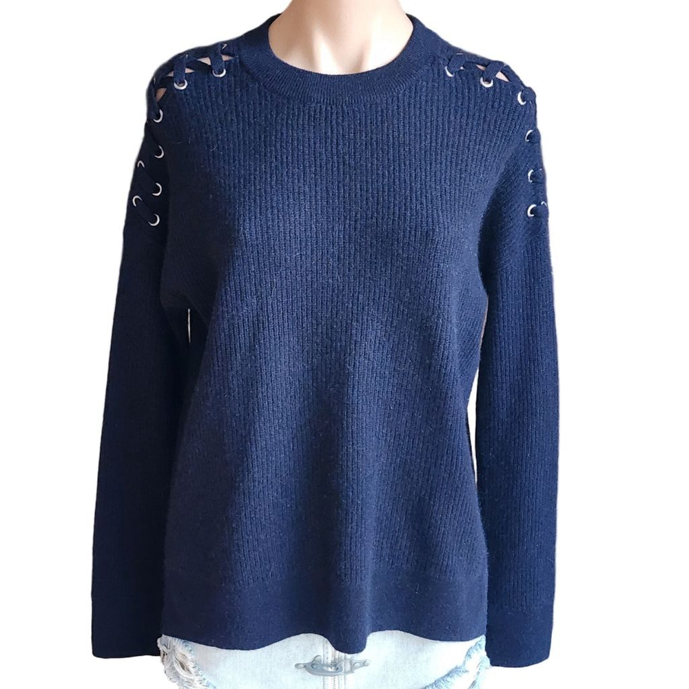 BLOOMINGDALE'S 100% Cashmere Ribbed Lace Up Pullover Sweater Navy Size M 242